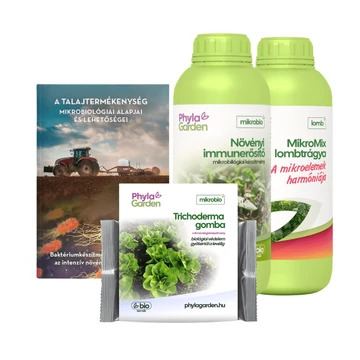1 l Növényi immunerősítő, 1 liter MikroMix lombtrágya, 10 g Trichoderma gomba csomagban és 1 db Talajtermékenység mikrobiológiai alapjai könyv